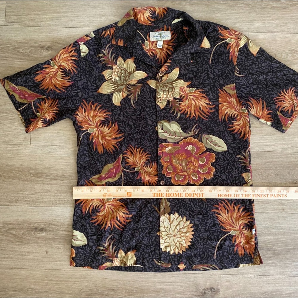 Island Shores Mens M Hawaiian Shirt Black Bird of Paradise 100% Silk Aloha